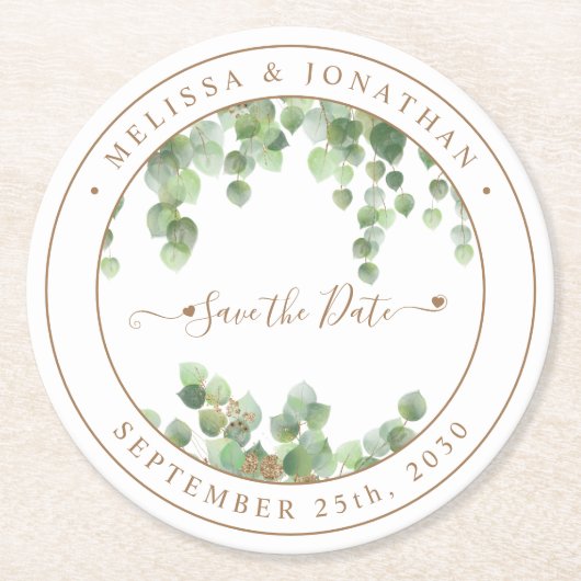 植物性の緑の金ゴールド結婚式の日付を保存 ラウンドペーパーコースター (正面)