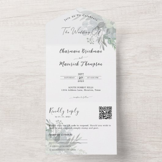 植物性の緑のQRコード結婚ズ オールインワン招待状 (内側)