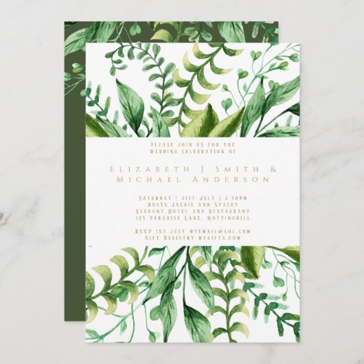 植物性の緑葉のモダン人の結婚式 招待状 (正面/裏面)