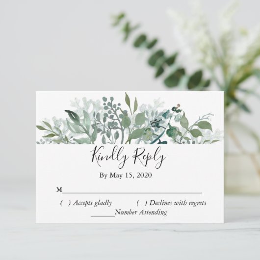 植物性の緑RSVPの親切結婚な対応 出欠カード (スタンド正面)