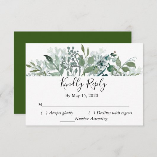 植物性の緑RSVPの親切結婚な対応 出欠カード (正面/裏面)