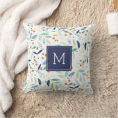 植物性の葉と果実の水色パターン クッション (ブランケット)