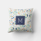 植物性の葉と果実の水色パターン クッション (裏面)