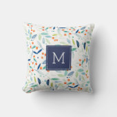 植物性の葉と果実の水色パターン クッション (正面)