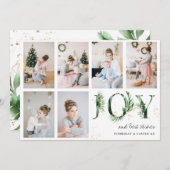 植物性の葉と金ゴールドJOYフォトグリッドクリスマス シーズンカード (正面/裏面)