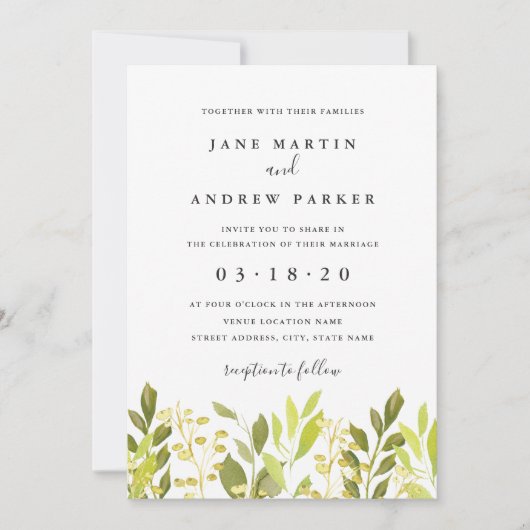 植物性の葉のグリーン結婚式招待状 招待状 (正面)