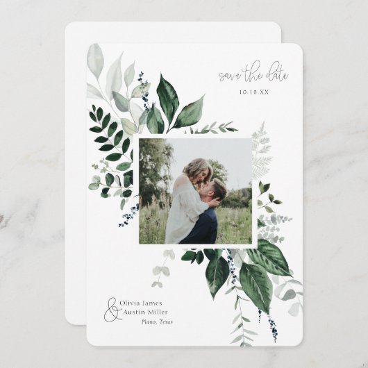 植物性の葉の緑のフォトフレーム日付を保存 (正面/裏面)