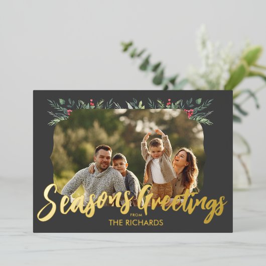 植物性の葉をテーマにしたクリスマスディナーパーティー 箔招待状 (立ち正面)