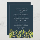 植物性の葉グリーンネイビー結婚式招待状 招待状 (正面/裏面)