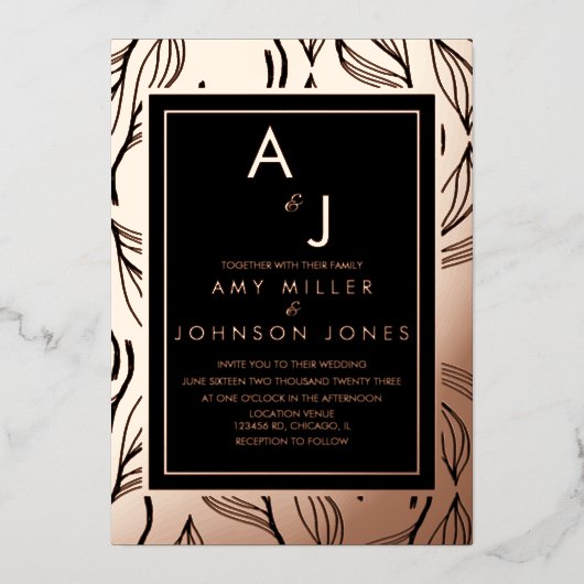 植物性の葉縁どの押し付け 箔招待状 (正面)