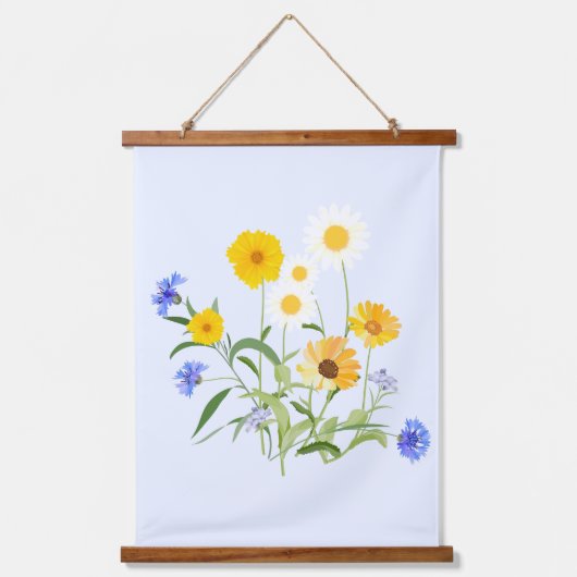 植物性の青い白い黄色の野花 吊り下げ型タペストリー (正面3)