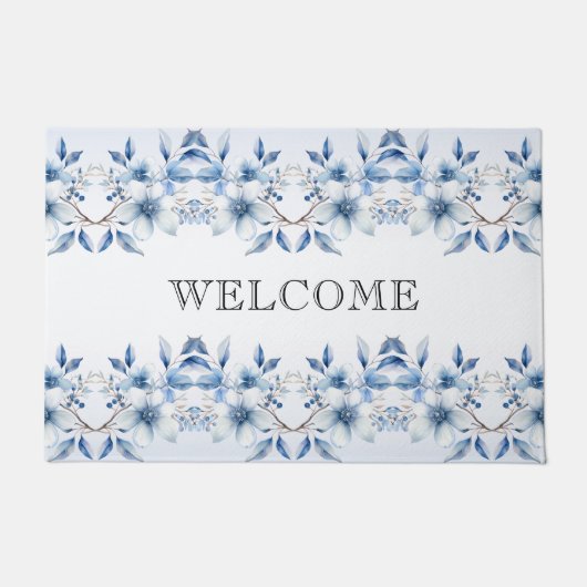 植物性の青い花の模様 ドアマット (正面)