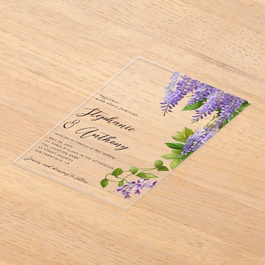 植物性ぶら下がった紫藤結婚の アクリル招待状 (レイダウン)