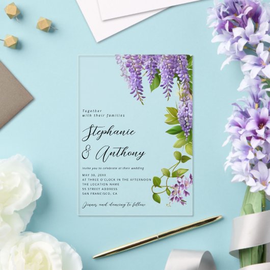 植物性ぶら下がった紫藤結婚の アクリル招待状 (インサイチュ (ウェディング))