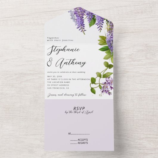 植物性ぶら下がった紫藤結婚の オールインワン招待状 (内側)