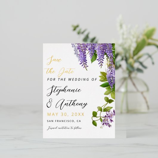 植物性ぶら下がった紫藤結婚の 箔招待状ポストカード (立ち正面)