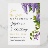 植物性ぶら下がった紫藤結婚の 箔招待状ポストカード (正面)