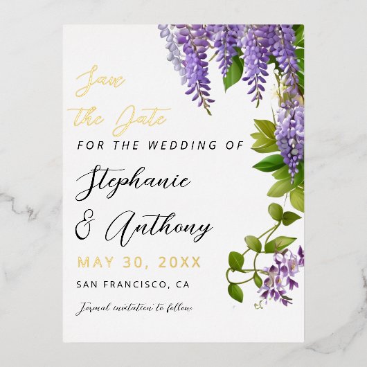 植物性ぶら下がった紫藤結婚の 箔招待状ポストカード (正面)