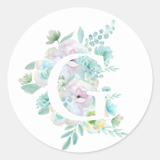 植物性アルファベットG緑と紫の花 ラウンドシール (正面)