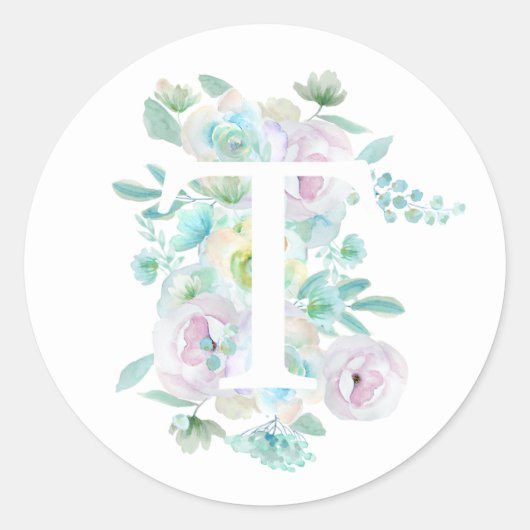 植物性アルファベットT緑と紫の花 ラウンドシール (正面)