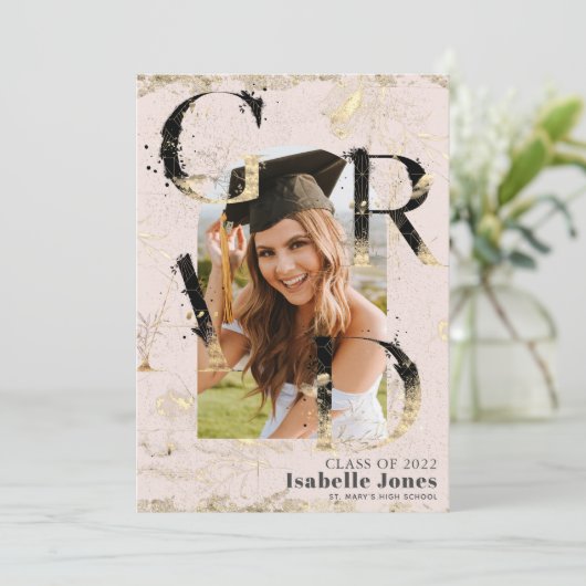 植物性アールデコピンクアーチ写真卒業 招待状 (スタンド正面)