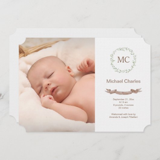 植物性イニシャル写真誕生発表 案内状 (正面/裏面)