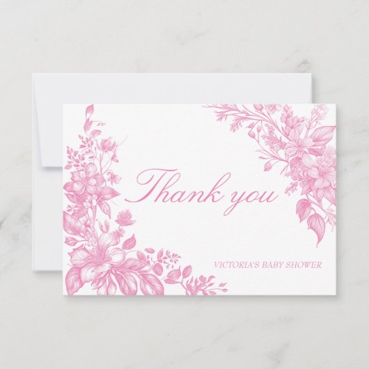 植物性エレガントほこりっぽいピンク色の赤ちゃんシャワー サンキューカード (正面)