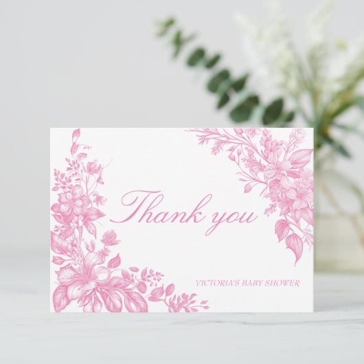 植物性エレガントほこりっぽいピンク色の赤ちゃんシャワー サンキューカード (スタンド正面)