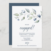 植物性エレガントほこりっぽい青い葉婚約 案内状 (正面/裏面)