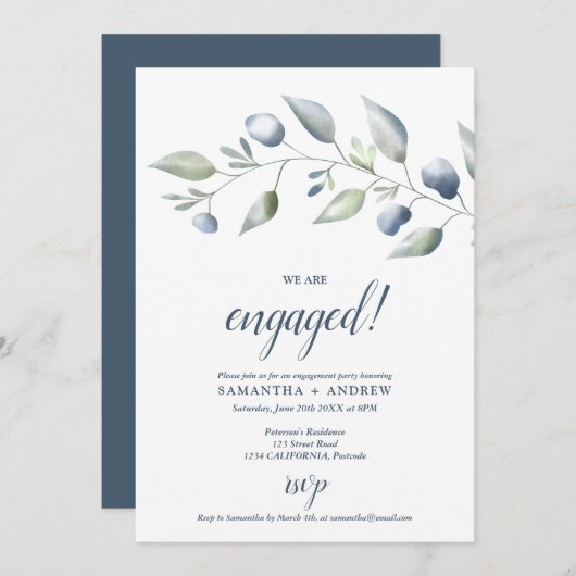 植物性エレガントほこりっぽい青い葉婚約 案内状 (正面/裏面)
