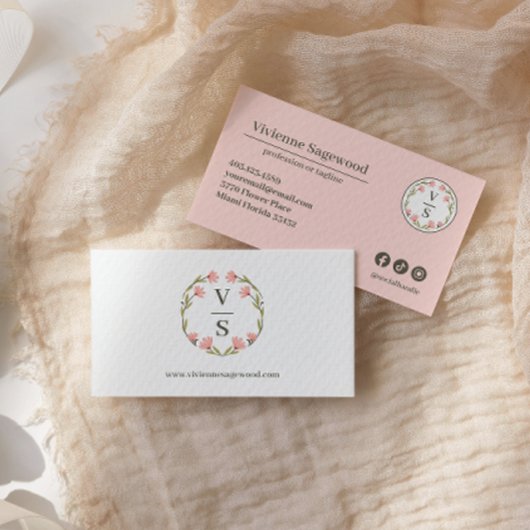 植物性エレガントモノグラムクレストピンクグリーンフローラ 名刺