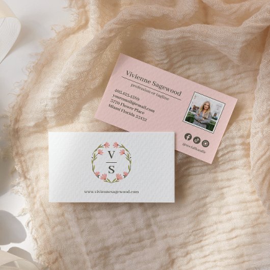 植物性エレガントモノグラムクレストピンクグリーン写真 名刺