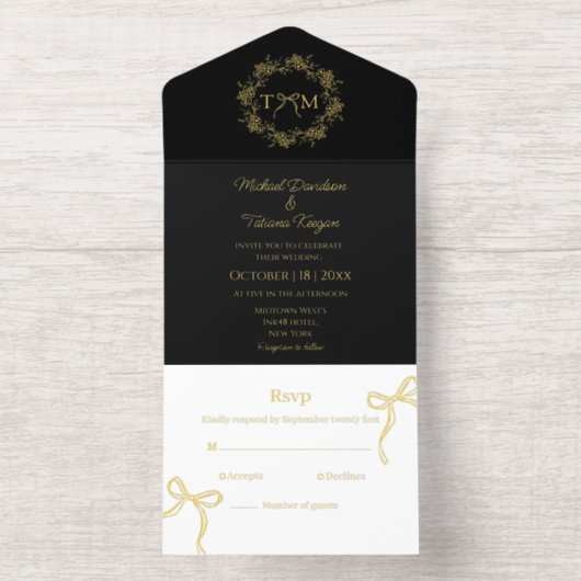 植物性エレガントモノグラム弓結婚の金ゴールド箔 オールインワン招待状 (内側)