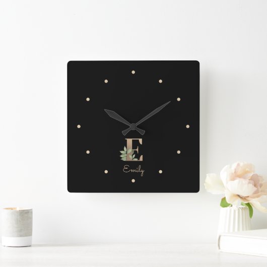 植物性エレガントモノグラム文字E スクエア壁時計 (ホーム)