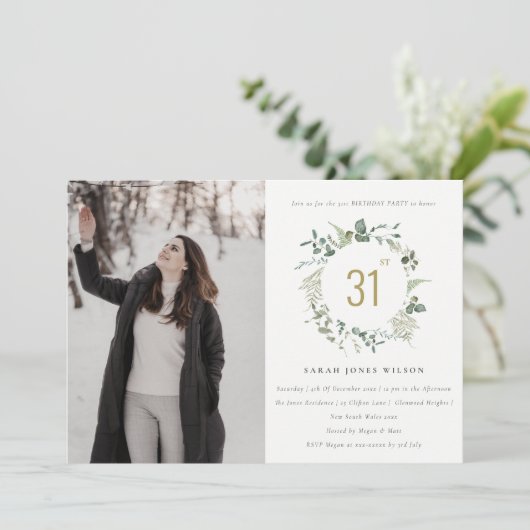 植物性エレガントユーカリリースフォト誕生日 招待状 (スタンド正面)