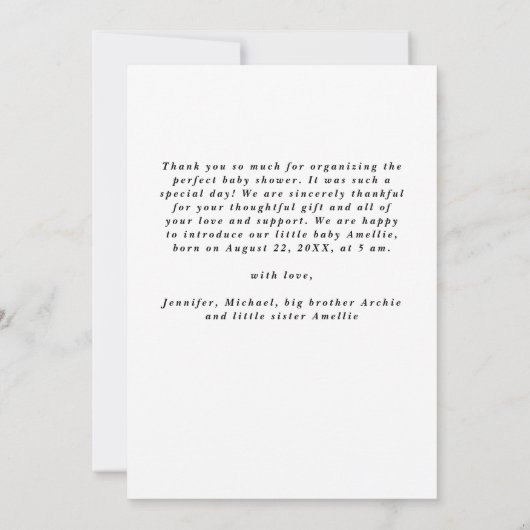 植物性エレガントリースフォトコラージベビーシャワー サンキューカード (裏面)