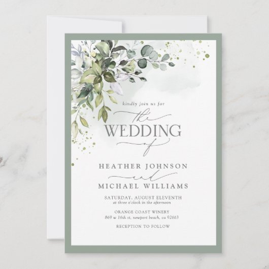 植物性エレガント緑フローラ水彩写真 招待状 (正面)