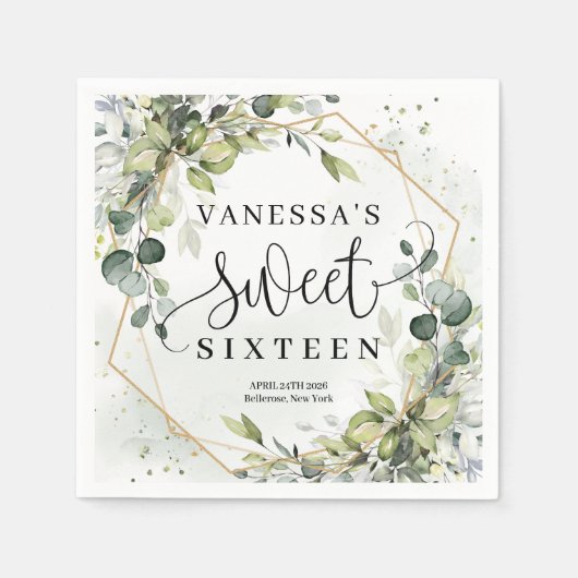 植物性エレガント緑色ユーカリ金ゴールドスウィート16 スタンダードカクテルナプキン (正面)