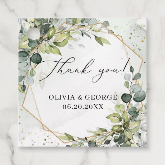 植物性エレガント緑色ユーカリ金ゴールド幾何学 フェイバータグ (正面)