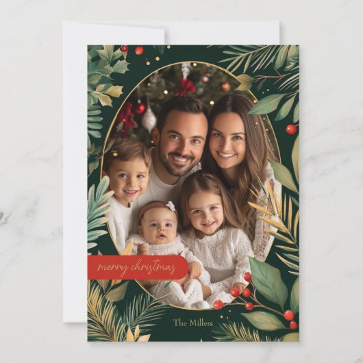 植物性エレガント緑金ゴールドの葉のクリスマス写真 シーズンカード (正面)