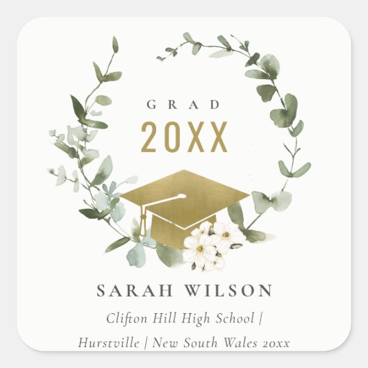 植物性エレガント葉状リース金ゴールド卒業 スクエアシール (正面)