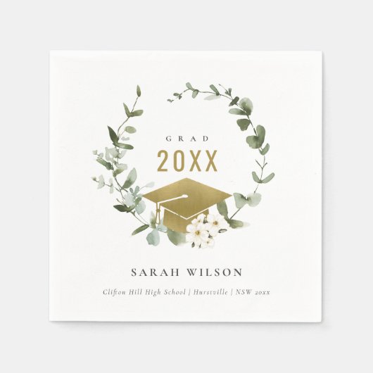 植物性エレガント葉状リース金ゴールド卒業 スタンダードカクテルナプキン (正面)