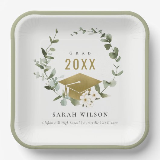 植物性エレガント葉状リース金ゴールド卒業 ペーパープレート (正面)