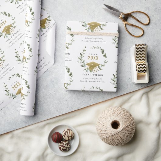 植物性エレガント葉状リース金ゴールド卒業 ラッピングペーパー (クラフト)