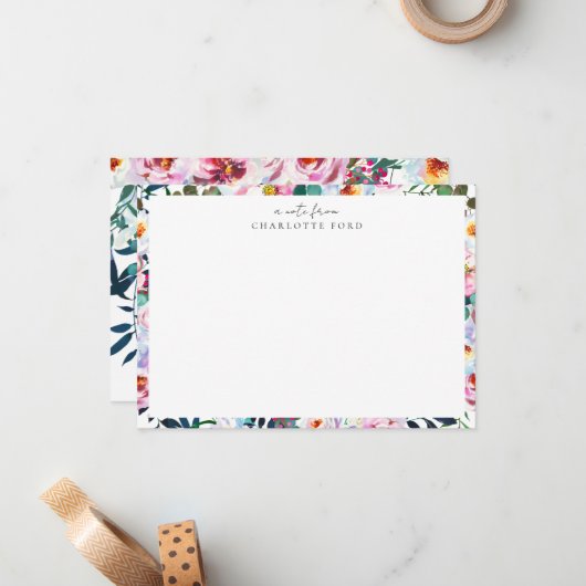 植物性エレガント赤面ピンクホワイトフローラフレーム ノートカード (正面/裏面インサイチュ)