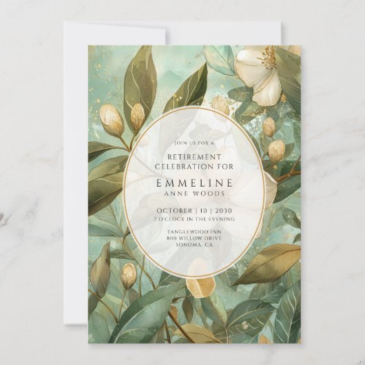 植物性エレガント金ゴールドグリーンフローラ退職 招待状 (正面)