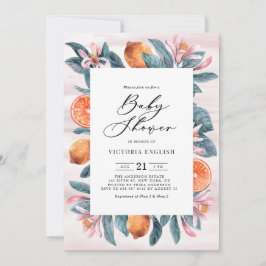 植物性オレンジとピンクの花赤ちゃんシャワー 招待状