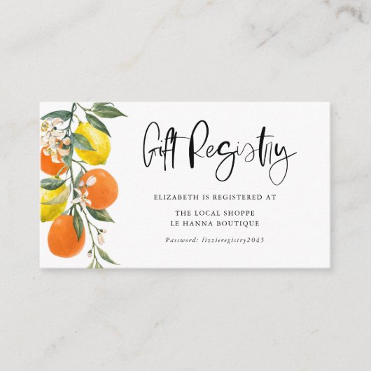 植物性オレンジとレモン赤ちゃんシャワー登録 エンクロージャーカード (正面)