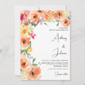 植物性オレンジイエローピンクの夏のフローラ結婚ズ 招待状 (正面)