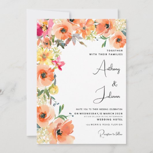 植物性オレンジイエローピンクの夏のフローラ結婚ズ 招待状 (正面)